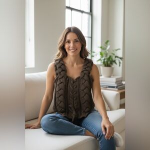 Chunky Braided Knit Vest in Dark Brown
